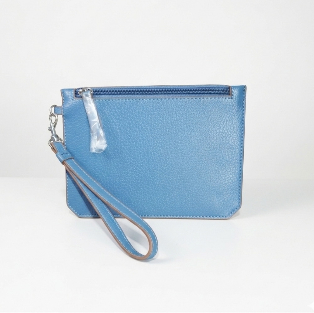 Anne Klein 8x6" NEW Wristlet Pouch Denim Blue Zip Top Wallet Mini Bag Leather